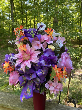 cemetery vase memorial flowers Purple Pink Orange Yellow Silk vase arrangement