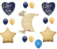 I Love You to the Moon and Back Gold & Navy Blue 15 Piece Welcome Baby Boy Shower Happy Birthday Decoration Balloon Set