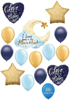 I Love You to the Moon and Back Gold & Blue Welcome Baby Boy Shower 15 Piece Happy Birthday Decoration Balloon Set