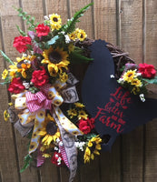 Handmade Farmhouse Chicken Wreath Door Floral Sunflowers Geraniums Red