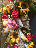 Handmade Farmhouse Chicken Wreath Door Floral Sunflowers Geraniums Red