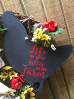 Handmade Farmhouse Chicken Wreath Door Floral Sunflowers Geraniums Red